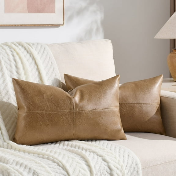 Fancy Homi 2 Packs Tan Boho Lumbar Faux Leather Decorative Throw Pillow Covers 12x20 inch for Couch Bed Sofa, Cross Patchwork Textured Rectangle Beige Cushion Case, Rustic Modern Farmhouse Home Decor