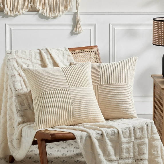 Fancy Homi 2 packs Tan Decorative Throw Pillow Covers 18x18 Inch for Living Room Couch Bed, Rustic Farmhouse Boho Home Decor, Soft Corss Corduroy Patchwork Textured Square Beige Cushion Case 45x45 cm