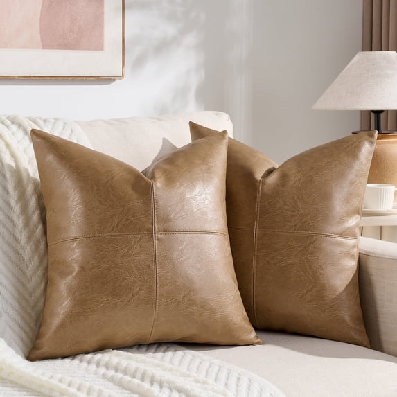 Fancy Homi 2 Packs Tan Faux Leather Decorative Throw Pillow Covers 18x18 inch for Living Room Couch Bed Sofa, Cross Patchwork Accent Square Beige Cushion Case, Rustic Modern Farmhouse Boho Home Decor