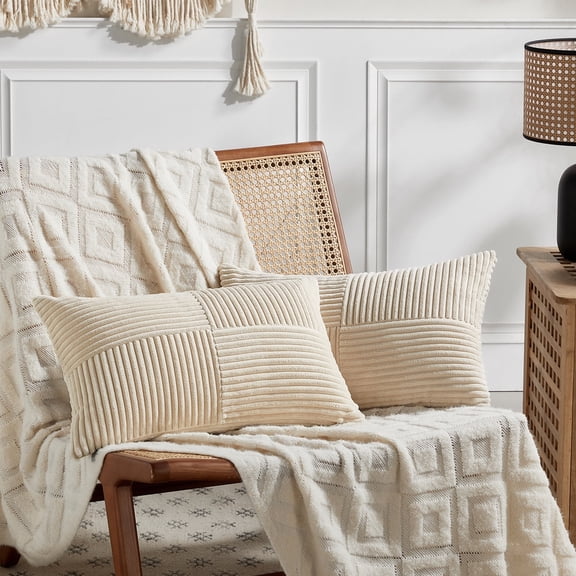 Fancy Homi 2 Packs Tan Long Lumbar Decorative Throw Pillow Covers 12x24 Inch for Couch Bed Sofa, Rustic Farmhouse Boho Home Decor, Soft Striped Corduroy Rectangle Accent Beige Cushion Case 30x60 cm