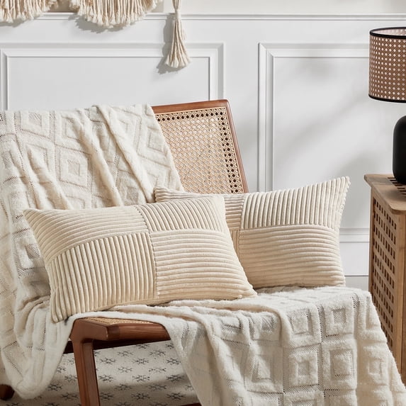 Fancy Homi 2 packs Tan Lumbar Decorative Throw Pillow Covers 12x20 inch for Living Room Couch Bed Sofa, Boho Home Decor, Soft Striped Corduroy Rectangle Accent Beige Cushion Case 30x50 cm