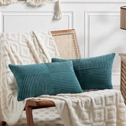 Fancy Homi 2 Packs Teal Long Lumbar Decorative Throw Pillow Covers 12x24 Inch for Couch Bed Sofa, Rustic Farmhouse Boho Home Decor, Soft Striped Corduroy Rectangle Accent Cushion Case 30x60 cm