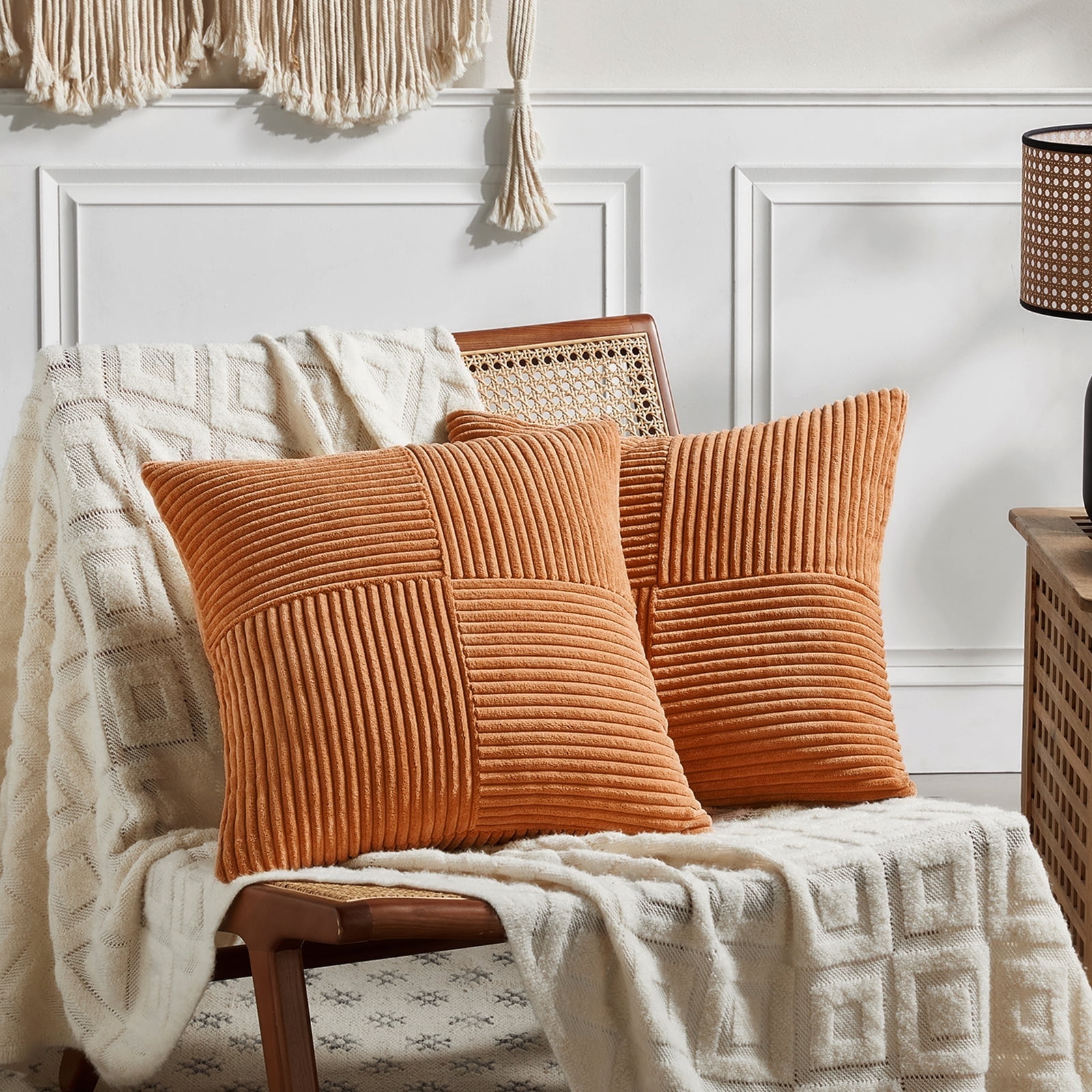 Fancy Homi 2 Pcs Burnt Orange Decorative Throw Pillow Covers 22x22 Inch for Living Room Couch Bed, Rustic Farmhouse Boho Home Decor, Soft Corss Corduroy Patchwork Accent Square Cushion Case 55x55 cm