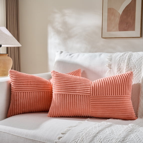Fancy Homi 2 Pcs Coral Long Lumbar Decorative Throw Pillow Covers 12x24 Inch for Couch Bed Sofa, Rustic Farmhouse Boho Home Decor, Soft Striped Corduroy Rectangle Accent Peach Cushion Case 30x60 cm