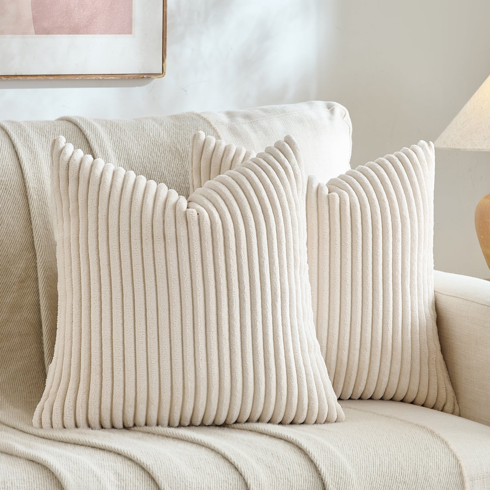 Fancy Homi 2 Pcs Cream Boho Neutral Decorative Throw Pillow Covers 24x24 inch for Couch Bed Sofa, Aesthetic Modern Farmhouse Home Decor, Soft Fluffy Corduroy and velvet Beige Cute Cushion Case 60 cm