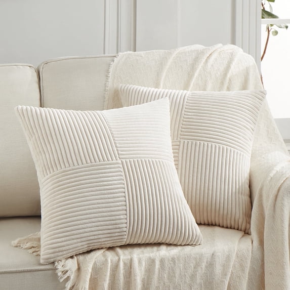Fancy Homi 2 Pcs Cream Euro Decorative Throw Pillow Covers 26x26 inch for Living Room Couch Bed, Rustic Farmhouse Boho Home Decor, Soft Corss Corduroy Patchwork Textured Square Cushion Case 66x66 cm