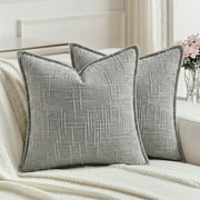 Fancy Homi 2 Pcs Grey Textured Decorative Chenille Throw Pillow Covers 18x18 inch for Living Room Couch Bed sofa, Soild Square Farmhouse Vintage Cushion Cases With Flange Edge, Modern Home D cor