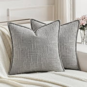 Fancy Homi 2 Pcs Grey Textured Decorative Chenille Throw Pillow Covers 18x18 inch for Living Room Couch Bed sofa, Soild Square Farmhouse Vintage Cushion Cases With Flange Edge, Modern Home D cor