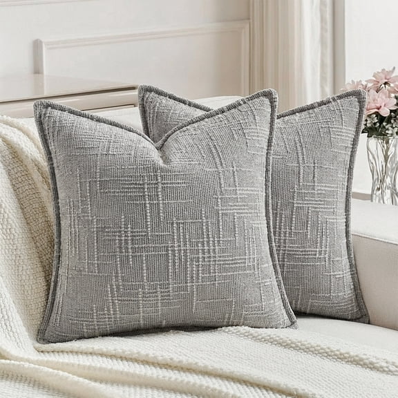 Fancy Homi 2 Pcs Grey Textured Decorative Chenille Throw Pillow Covers 18x18 inch for Living Room Couch Bed sofa, Soild Square Farmhouse Vintage Cushion Cases With Flange Edge, Modern Home Décor