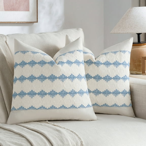 Fancy Homi 2 Pcs Light Blue Boho Decorative Throw Pillow Covers 18x18 inch for Living Room Bedroom Couch Bed Indoors, Soft Cotton Line Rustic Retro Square Cushion Case, Bohemian Room Home Décor
