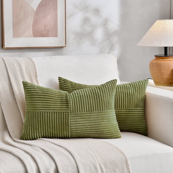 Fancy Homi 2 Pcs Moss Green Lumbar Decorative Throw Pillow Covers 12x20 inch for Living Room Couch Bed, Rustic Farmhouse Boho Home Decor, Soft Striped Corduroy Rectangle Accent Cushion Case 30x50 cm