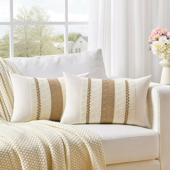 Fancy Homi 2 Pcs Neutral Tan Lumbar Decorative Throw Pillow Cover 12x20 inch for Couch Bed Sofa Chair, Modern Organic Farmhouse Boho Home Decor, Soft Cotton Cute Accent Taupe Rectangle Cushion Case