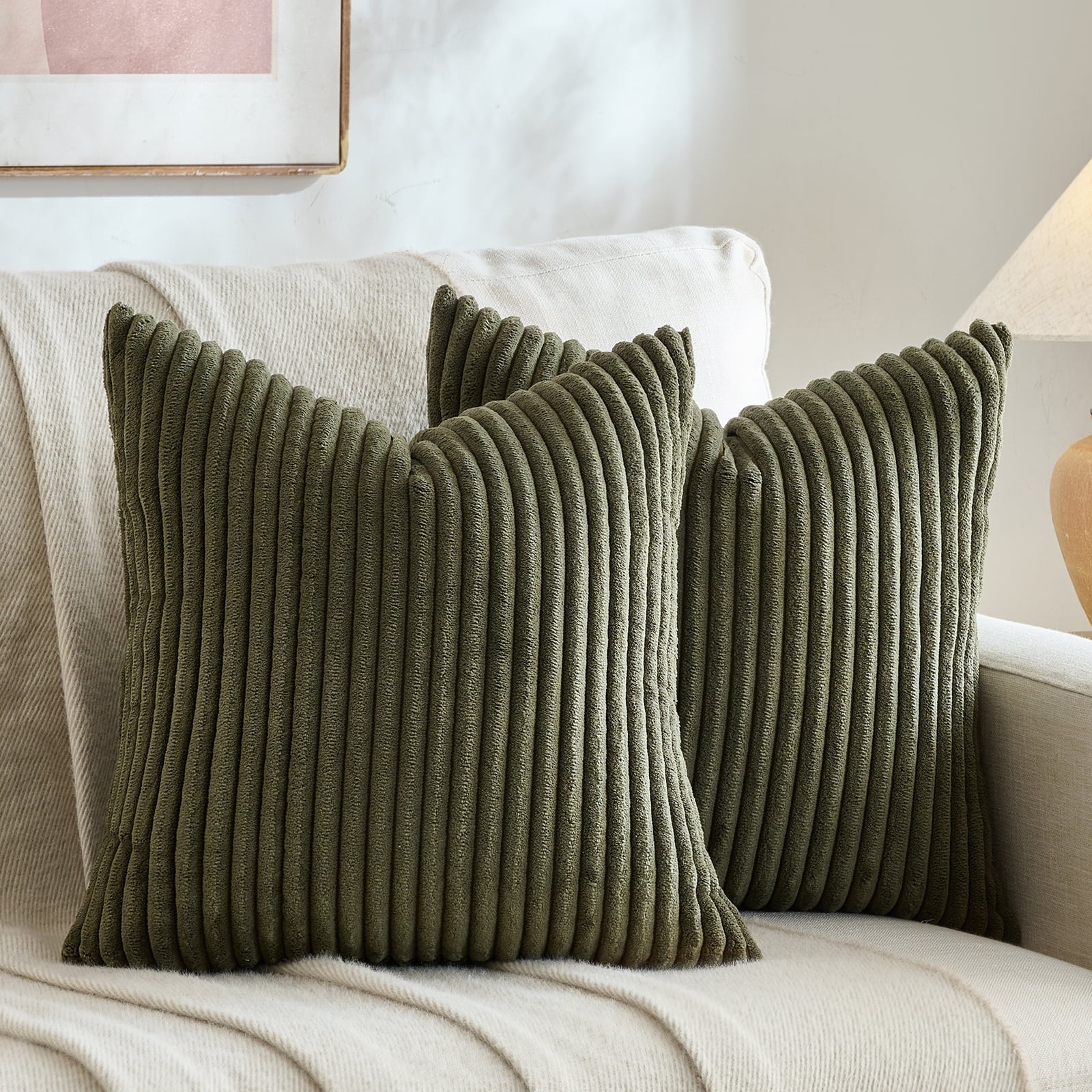 Fancy Homi 2 Pcs Olive Green Decorative Throw Pillow Cover 18x18 Inch for Couch Bed Chair, Aesthetic Rustic Boho Home Decor, Soft Fuzzy Sided Thick Corduroy and velvet Cute Textured Cushion Case 45cm