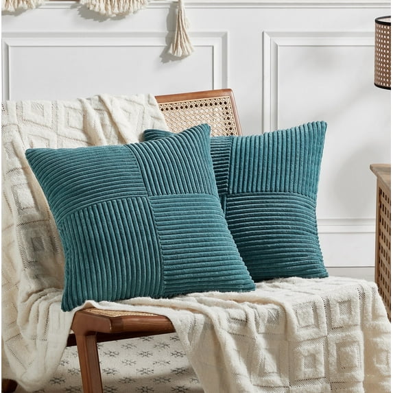 Fancy Homi 2 pcs Teal Decorative Throw Pillow Covers 18x18 inch for Living Room Couch Bed Sofa, Rustic Farmhouse Boho Home Decor, Soft Corss Corduroy Patchwork Textured Square Cushion Case 45x45 cm