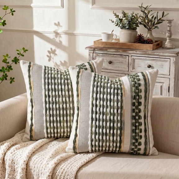 Fancy Homi 2 Pc Textured Chenille Throw Pillow Cover, 16x16 Inch, Boho Sage Green  Striped Decorative Cushion Case for Couch Living Room Bed