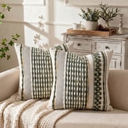 Fancy Homi 2 Pc Textured Chenille Throw Pillow Cover, 16x16 Inch, Boho Sage Green Striped Decorative Cushion Case for Couch Living Room Bed