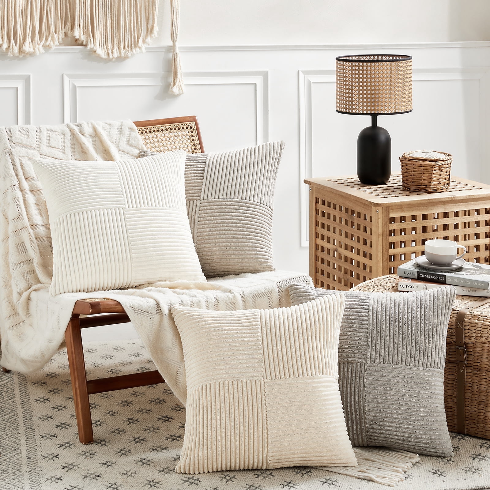 Fancy Homi 4 Pcs Neutral Decorative Throw Pillow Covers 20x20 inch for Living Room Couch Bed Sofa, Rustic Farmhouse Boho Home Decor, Soft Cross Striped Corduroy Patchwork Square Cushion Case 50x50cm