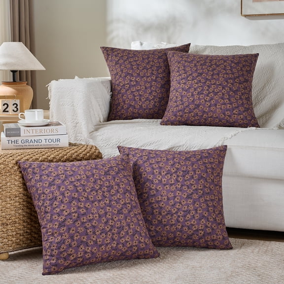 Fancy Homi 4 pack Purple Floral Vintage Square Decorative Throw Pillow Covers 18x18 inch for Couch Sofa Bed Living Room, Modern Farmhouse Bobo Cottagecore Home Decor,Soft Cotton Linen Cushion Covers