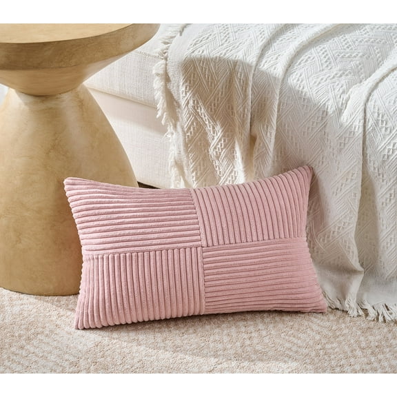 Fancy Homi Blush Pink Lumbar Decorative Throw Pillow Covers 12x20 inch for Living Room Couch Bed, Rustic Farmhouse Boho Home Decor, Soft Striped Corduroy Rectangle Accent Cushion Case 30x50 cm