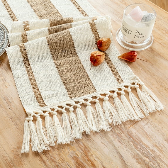 Fancy Homi Boho Table Runner 90 inches Long Neutral Macrame Table Runner for Home Decor, Tan Farmhouse Table Runners with Tassels for Party Bohemian Rustic Bridal Shower Dining Decor 12x90 inches