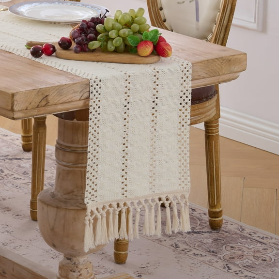Fancy Homi Cream Table Runner 60 inches Long Boho Macrame Ivory Table Runner for Home Decor, Farmhouse Table Runners with Tassels for Party Bohemian Rustic Bridal Shower Dining Decor 12x60 inches