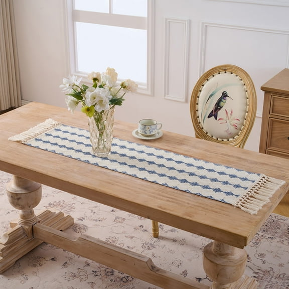Fancy Homi Dusty Blue Boho Cotton Polyester Table Runner 48 Inches Long, Farmhouse Macrame Table Runners with Tassels for Home Party Bohemian Rustic Bridal Shower Kitchen Dining Decor 12x48 Inches