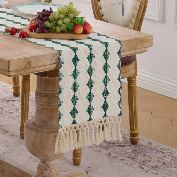Fancy Homi Hunter Green Boho Cotton Polyester Table Runner 36 inches Long, Farmhouse Macrame Table Runners with Tassels for Home Party Bohemian Rustic Bridal Shower Kitchen Dining Decor 12x36 inches