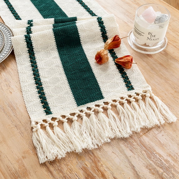 Fancy Homi Hunter Green Table Runner 60 inches Long Boho Macrame Table Runner for Home Decor, Dark Green Table Runners with Tassels for Party Bohemian Rustic Bridal Shower Dining Decor 12x60 inches