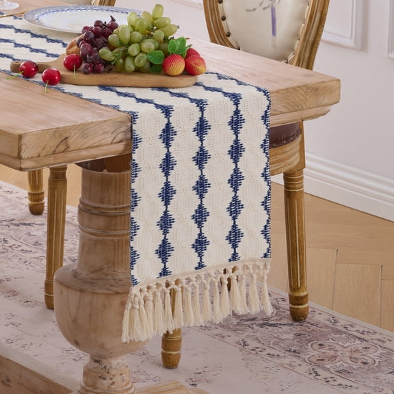 Fancy Homi Navy Blue Boho Cotton Polyester Table Runner 90 Inches Long, Farmhouse Macrame Table Runners with Tassels for Home Party Bohemian Rustic Bridal Shower Kitchen Dining Decor 12x90 Inches