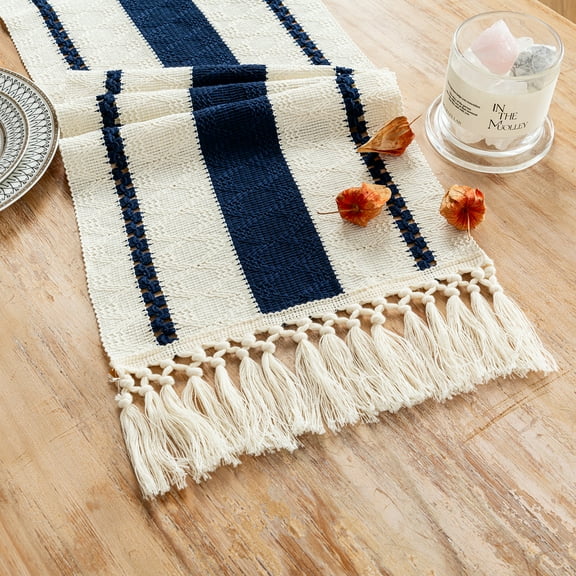 Fancy Homi Navy Blue Table Runner 108 inches Long Boho Macrame Table Runner for Home Decor, Farmhouse Table Runners with Tassels for Party Bohemian Rustic Bridal Shower Dining Decor 12x108 inches