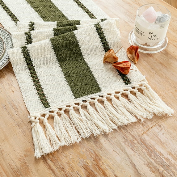 Fancy Homi Olive Green Table Runner 108 inches Long Boho Macrame Table Runner for Home Decor, Farmhouse Table Runners with Tassels for Party Bohemian Rustic Bridal Shower Dining Decor 12x108 inches
