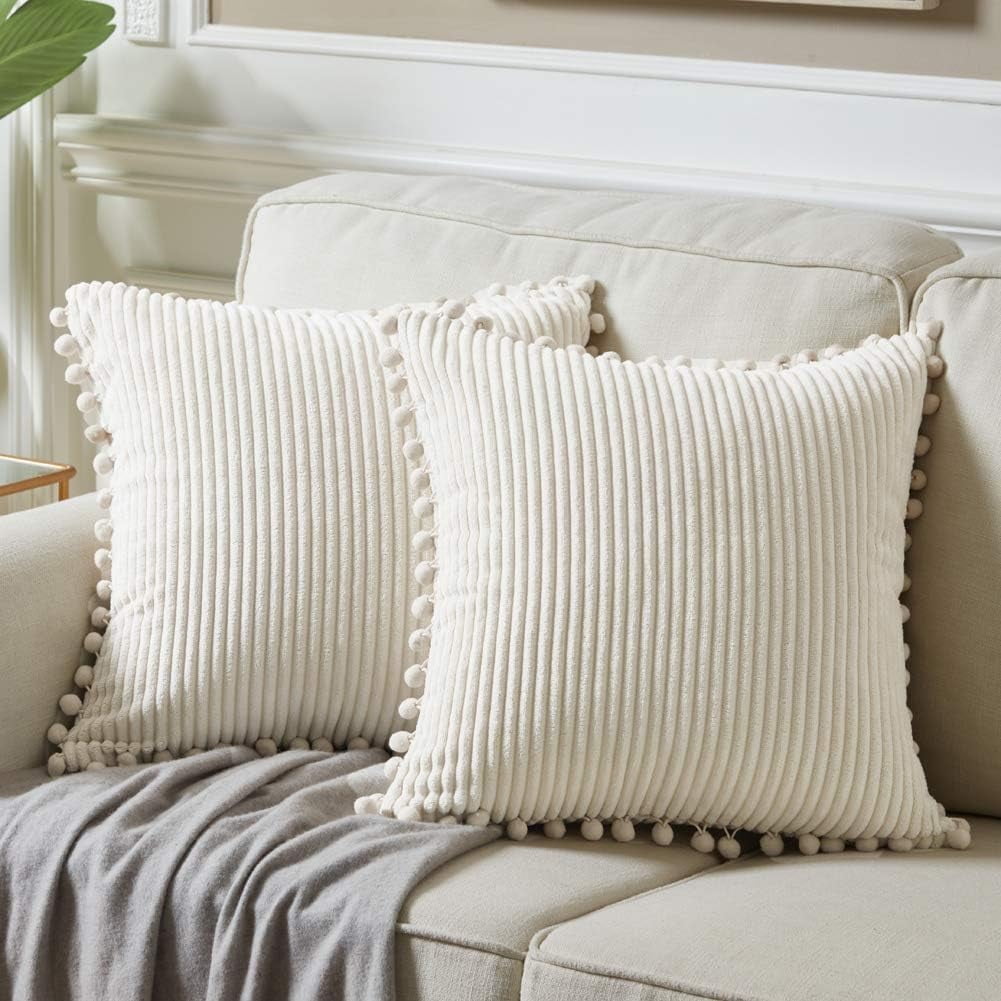 Fancy Homi Pack of 2 Boho Decorative Throw Pillow Covers with Pom poms Soft Corduroy Accent Solid Square Walmart