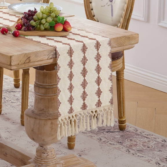 Fancy Homi Rust Boho Cotton Polyester Table Runner 60 Inches Long, Farmhouse Macrame Table Runners with Tassels for Home Party Bohemian Rustic Bridal Shower Kitchen Dining Decor 12x60 Inches
