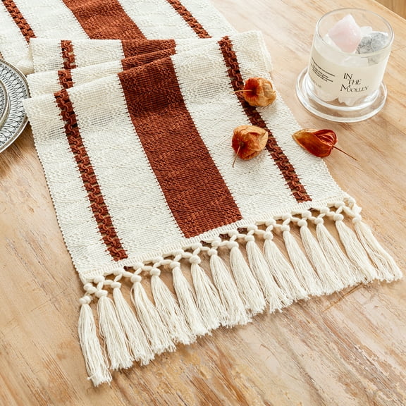 Fancy Homi Rust Table Runner 48 inches Long Boho Macrame Table Runner for Home Decor, Terracotta Farmhouse Table Runners with Tassels for Party Rustic Bridal Shower Dining Decor 12x48 inches