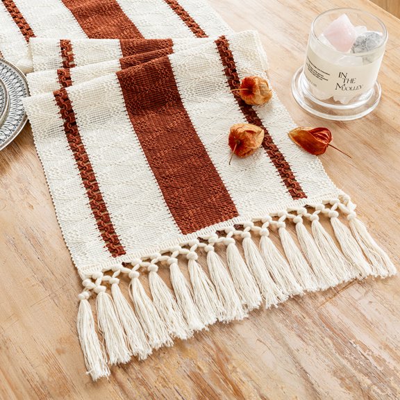 Fancy Homi Rust Table Runner 72 inches Long Boho Macrame Table Runner for Home Decor, Terracotta Farmhouse Table Runners with Tassels for Party Rustic Bridal Shower Dining Decor 12x72 inches