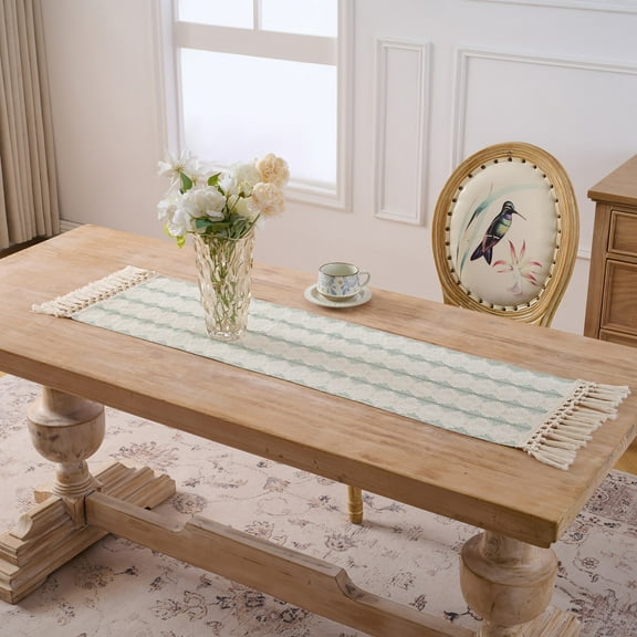 Fancy Homi Sage Green Boho Cotton Polyester Table Runner 48 Inches Long, Farmhouse Macrame Table Runners with Tassels for Home Party Bohemian Rustic Bridal Shower Kitchen Dining Decor 12x48 Inches