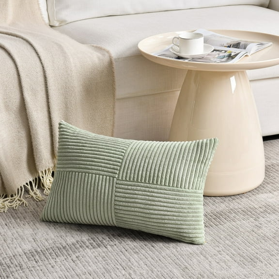 Fancy Homi Sage Green Lumbar Decorative Throw Pillow Covers 12x20 inch for Living Room Couch Bed, Rustic Farmhouse Boho Home Decor, Soft Striped Corduroy Rectangle Accent Cushion Case 30x50 cm