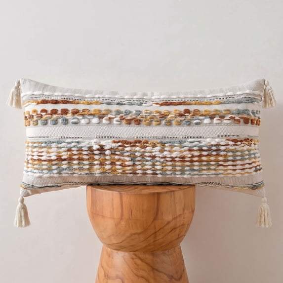 Fancy Homi Set of 1 Boho Brown Striped Textured Decorative Chenille Throw Pillow Cover 16x32 inch for Couch Bed Sofa, Modern Funky Home Decor, Aesthetic with Tassels Woven Decorative Cushion Case