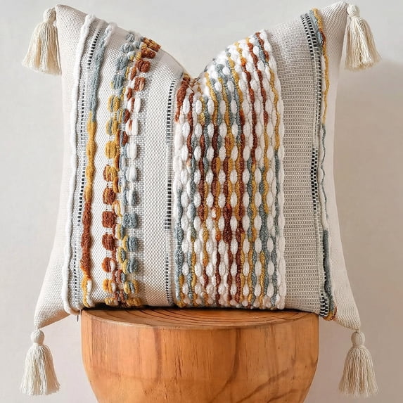 Fancy Homi Set of 1 Boho Brown Striped Textured Decorative Chenille Throw Pillow Cover 18x18 inch for Couch Bed Sofa, Modern Funky Home Decor, Aesthetic with Tassels Woven Decorative Cushion Case