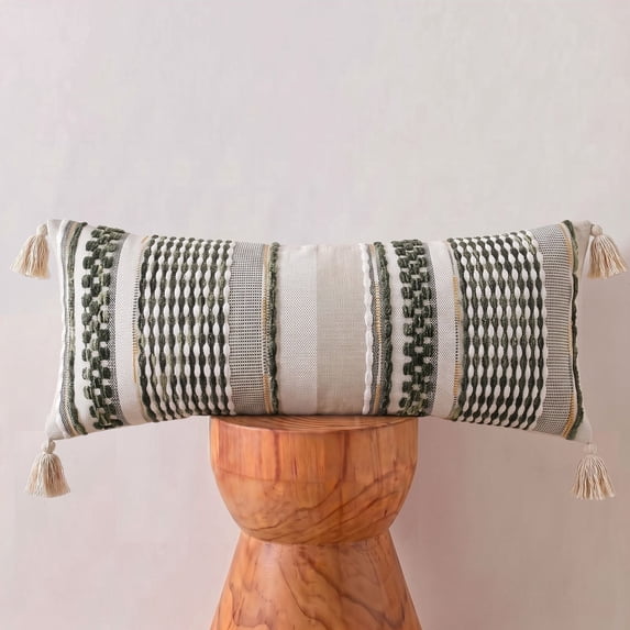 Fancy Homi Set of 1 Boho Sage Green Striped Textured Decorative Chenille Throw Pillow Cover 14x36 inch for Couch Bed Sofa, Modern Home Decor, Aesthetic with Tassels Woven Decorative Cushion Case