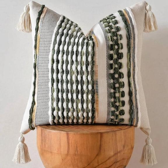 Fancy Homi Set of 1 Boho Sage Green Striped Textured Decorative Chenille Throw Pillow Cover 18x18 inch for Couch Bed Sofa, Modern Home Decor, Aesthetic with Tassels Woven Decorative Cushion Case