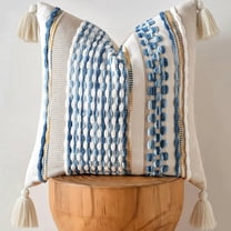 Fancy Homi Set of 1 Boho Sky Blue Striped Textured Decorative Chenille Throw Pillow Cover 18x18 inch for Couch Bed Sofa, Modern Funky Home Decor, Aesthetic with Tassels Woven Decorative Cushion Case