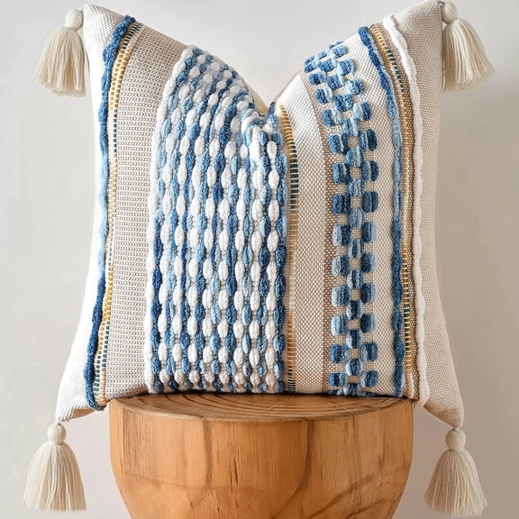 Fancy Homi Set of 1 Boho Sky Blue Striped Textured Decorative Chenille Throw Pillow Cover 18x18 inch for Couch Bed Sofa, Modern Funky Home Decor, Aesthetic with Tassels Woven Decorative Cushion Case