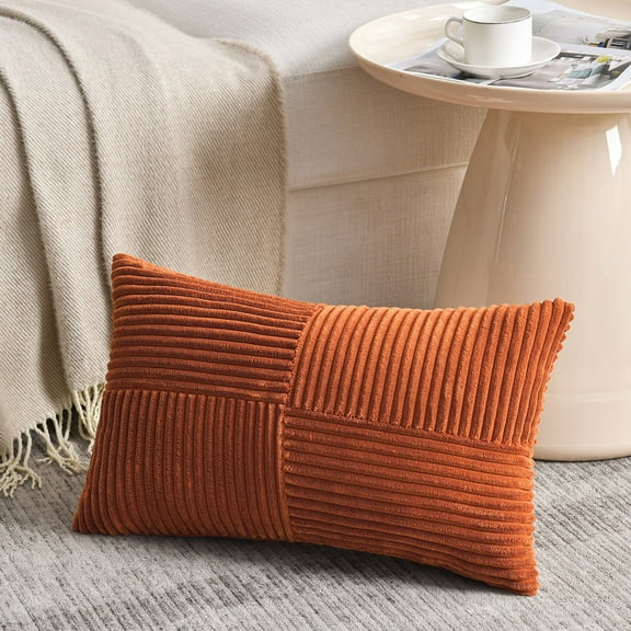 Fancy Homi Set of 1 Burnt Orange Lumbar Decorative Throw Pillow Covers 12x20 inch for Living Room Couch Bed, Boho Farmhouse Fall Home Decor, Soft Corduroy Corss Patchwork Cushion Case 30x50 cm