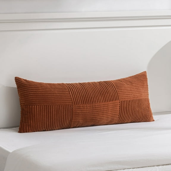Fancy Homi Set of 1 Rust Boho Long Lumbar Body Decorative Throw Pillow Cover 14x36 inch for Bed Couch Bedroom Bench, Soft Patchwork Corduroy Textured Pillow Case, Rustic Farmhouse Room Decor