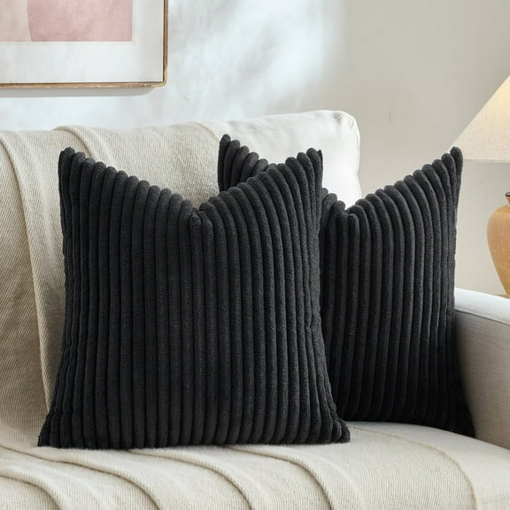 Fancy Homi Set of 2 Black Boho Decorative Throw Pillow Covers 18x18 Inch for Couch Bed Sofa, Aesthetic Modern Farmhouse Room Decor, Soft Fuzzy Fluffy Cozy Corduroy Textured Cushion Case 45x45cm