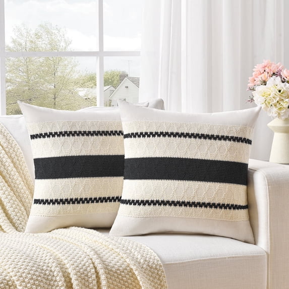 Fancy Homi Set of 2 Boho Black Decorative Throw Pillow Cover 16x16 inch for Couch Bed Sofa, Aesthetic Modern Organic Farmhouse Home Decor, Soft Cotton Cute Accent Macrame Woven Cushion Case
