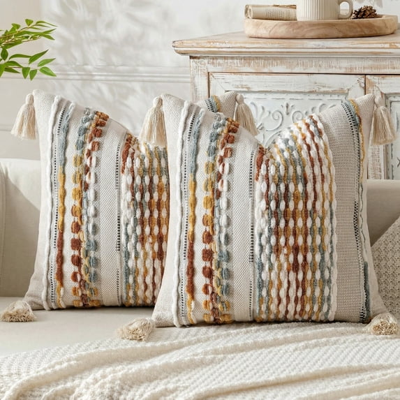 Fancy Homi Set of 2 Boho Brown Striped Textured Decorative Chenille Throw Pillow Cover 18x18 inch for Couch Bed Sofa, Modern Funky Home Decor, Aesthetic with Tassels Woven Decorative Cushion Case