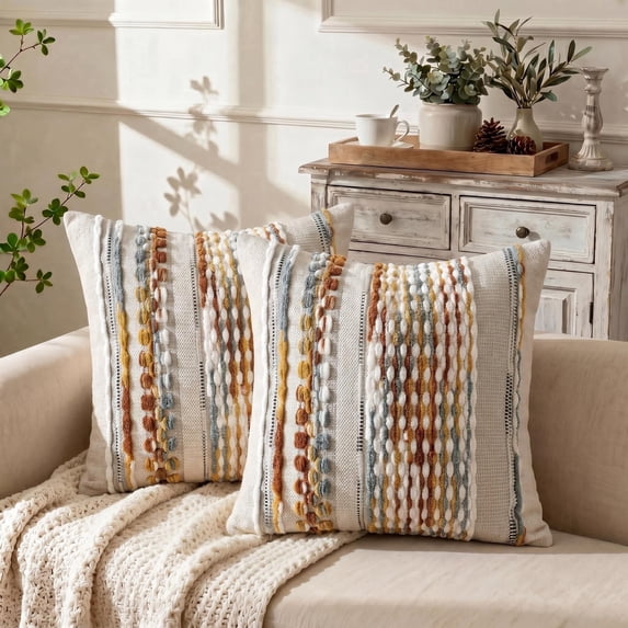 Fancy Homi 2 Pc Textured Chenille Throw Pillow Cover, 18x18 Inch, Boho Brown Striped Decorative Cushion Case for Couch Living Room Bed