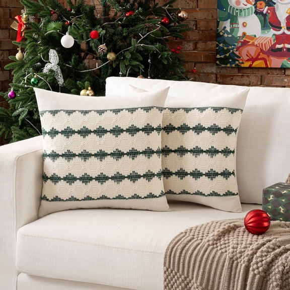 Fancy Homi Set of 2 Boho Christmas Dark Green Decorative Throw Pillow Covers 18x18 Inch for Couch Bed Sofa, Modern Farmhouse Holiday Home Decor, Soft Cotton Line Forest Green Square Cushion Case